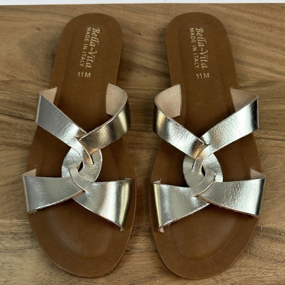 New Womens Belle Vita Dov-Italy Twist Silver Leather Slide Sandals‎ Size 11 M